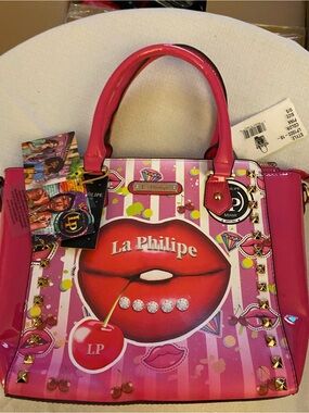 Pink Graphic Lip-Print Satchel